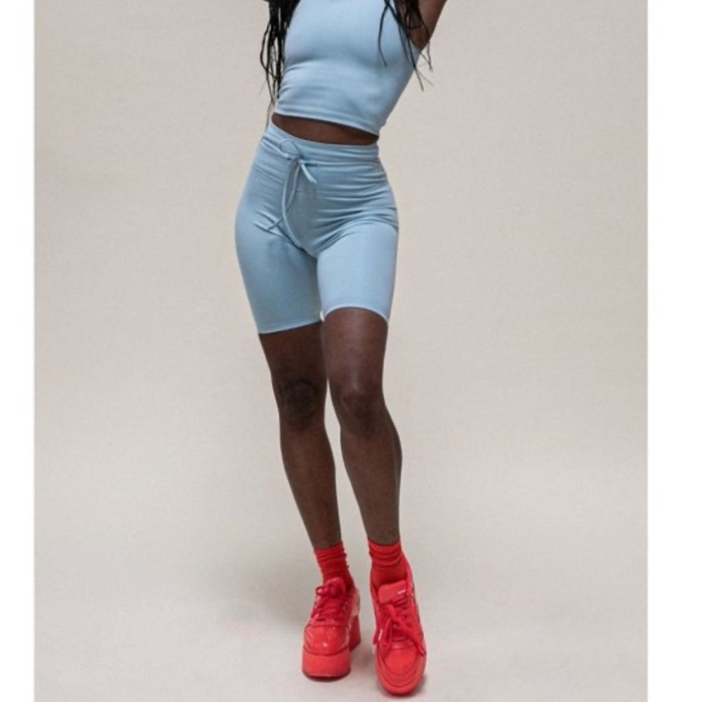 Girlfriend Collective Diana Sky Drawstring Shorts in Blue